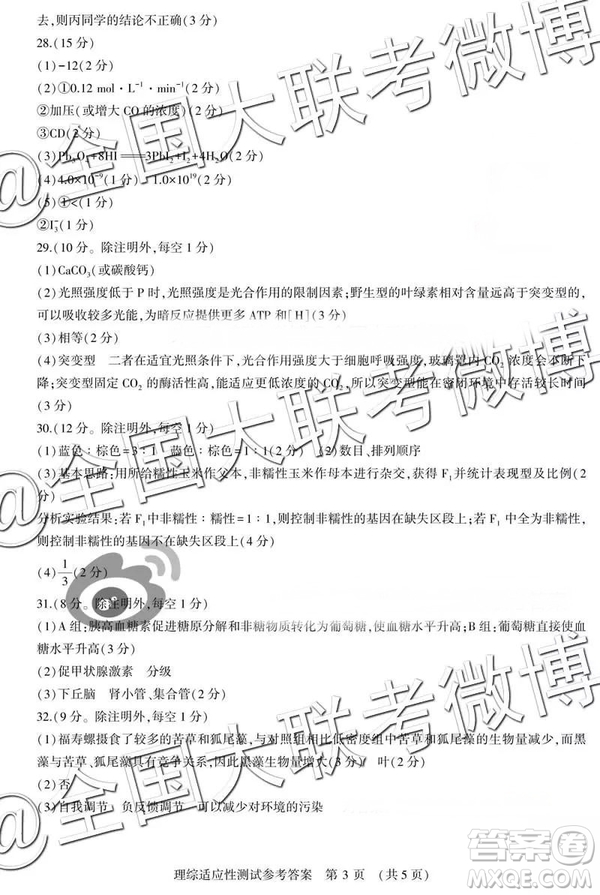 2019年河南省高考適應(yīng)性測試高三文科綜合、理科綜合參考答案