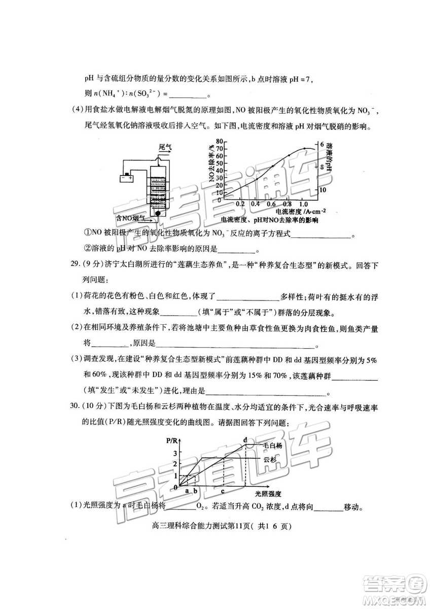 2019年高三濟(jì)寧一模理綜試題及參考答案