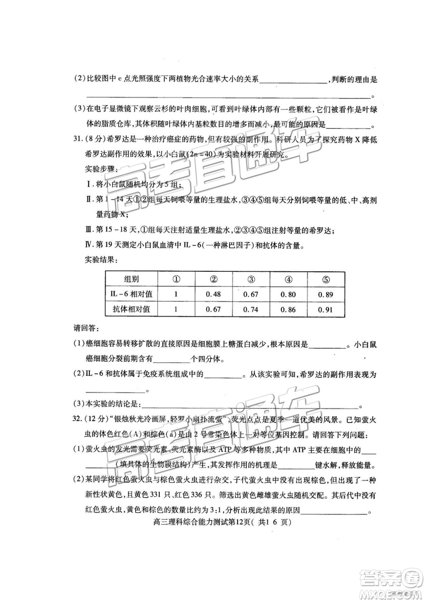 2019年高三濟(jì)寧一模理綜試題及參考答案