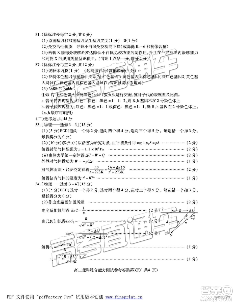 2019年高三濟(jì)寧一模理綜試題及參考答案