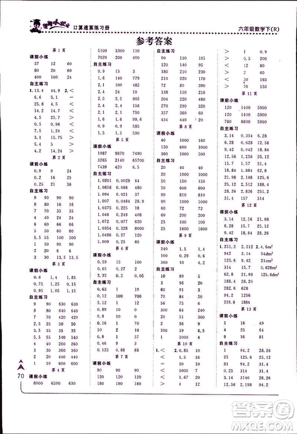 2019年春人教版RJ黃岡小狀元口算速算練習(xí)冊(cè)六年級(jí)下冊(cè)參考答案