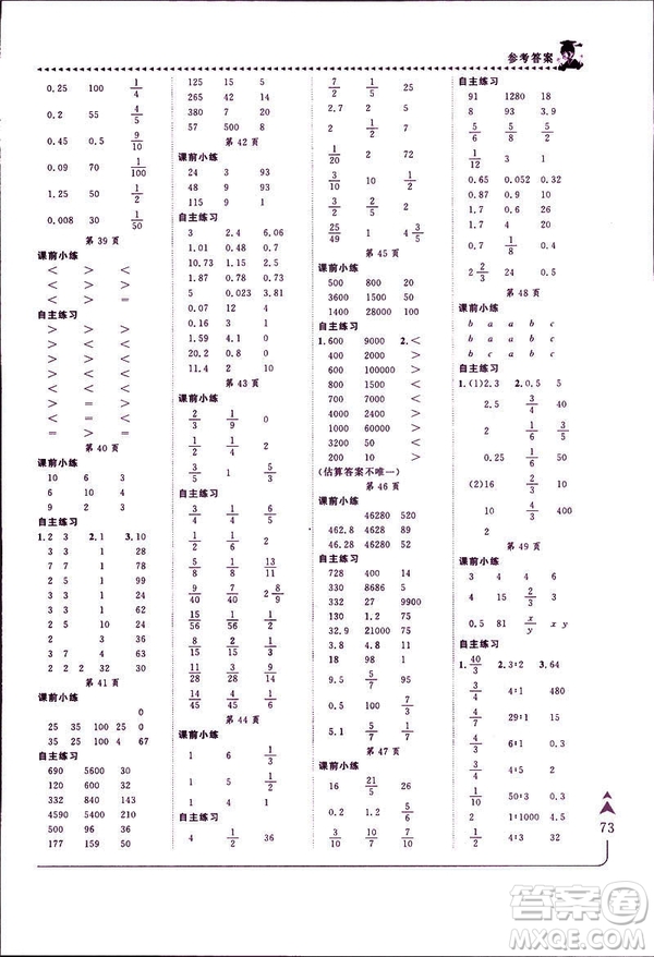 2019年春人教版RJ黃岡小狀元口算速算練習(xí)冊(cè)六年級(jí)下冊(cè)參考答案