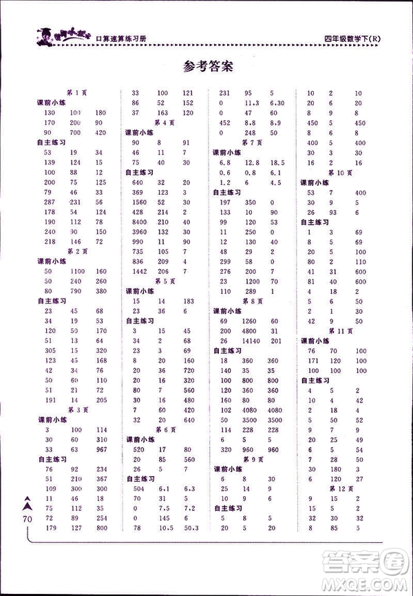 2019年黃岡小狀元口算速算四年級下冊人教版RJ參考答案