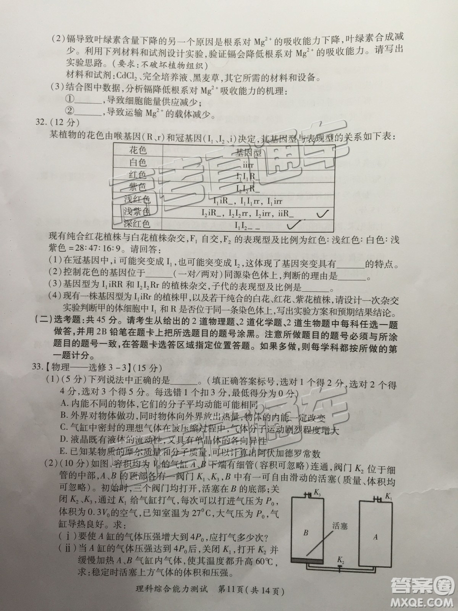 2019年高三廈門一檢文理綜參考答案