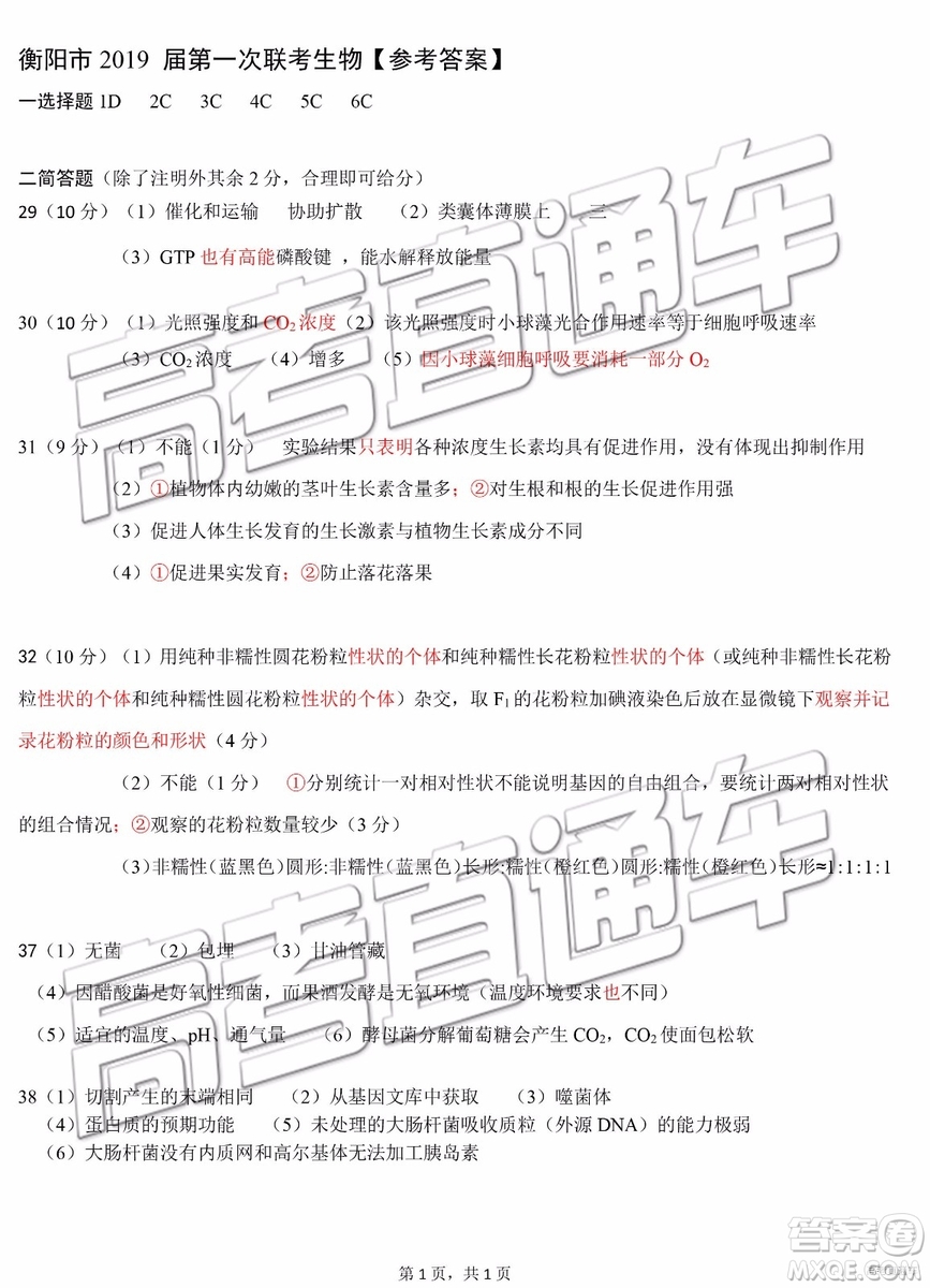 2019衡陽一模文科理科綜合試題及答案解析