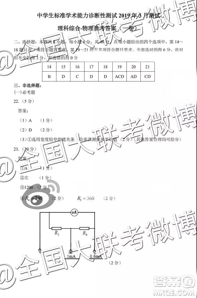 中學(xué)生標(biāo)準(zhǔn)學(xué)術(shù)能力診斷性測(cè)試2019年3月測(cè)試?yán)砭C參考答案