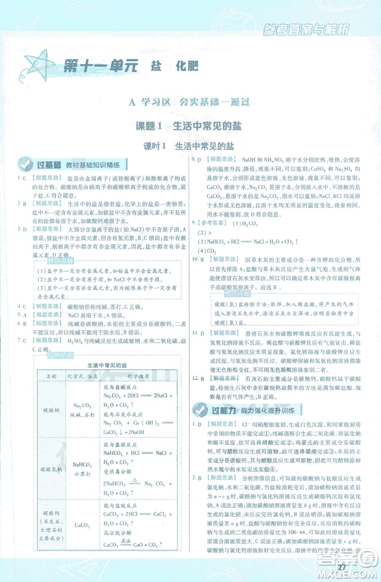 2019版一遍過初中化學九年級下冊RJ人教版南京師范大學出版社答案