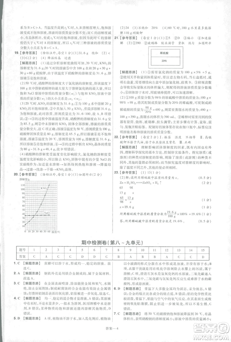 2019版一遍過初中化學九年級下冊RJ人教版南京師范大學出版社答案