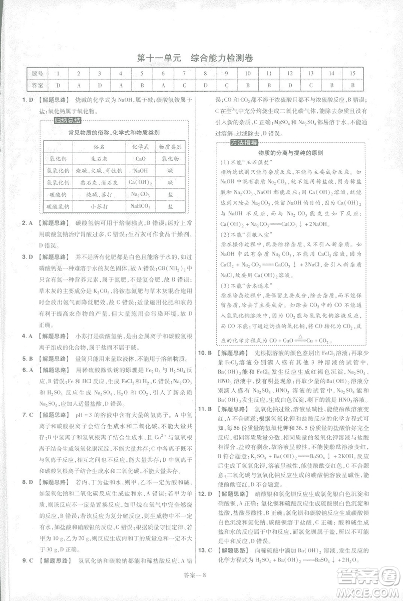 2019版一遍過初中化學九年級下冊RJ人教版南京師范大學出版社答案