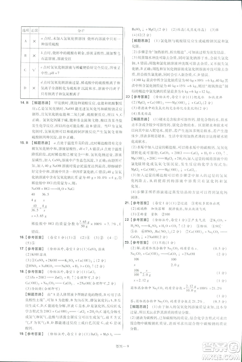 2019版一遍過初中化學九年級下冊RJ人教版南京師范大學出版社答案