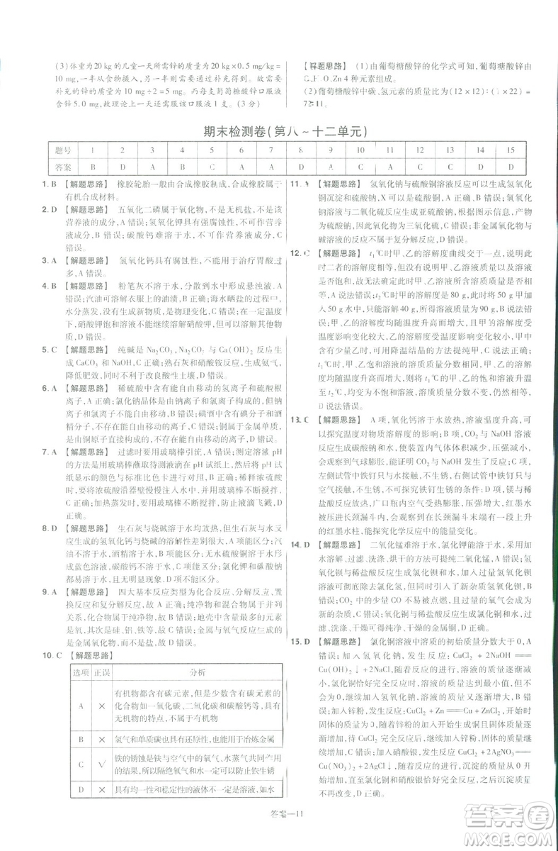 2019版一遍過初中化學九年級下冊RJ人教版南京師范大學出版社答案