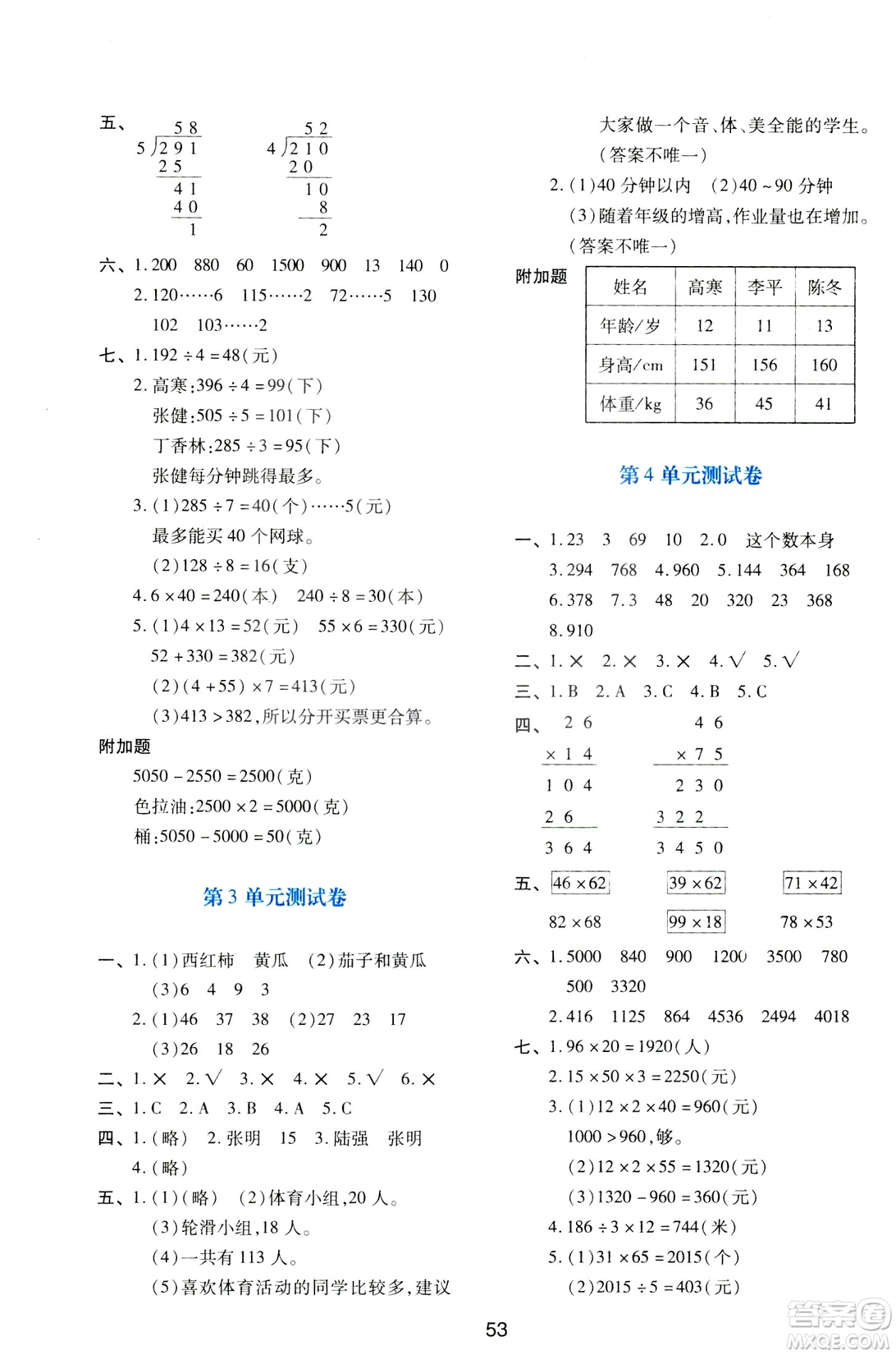 2019小學(xué)生新課程學(xué)習(xí)與評價三年級數(shù)學(xué)下冊A版人教版答案