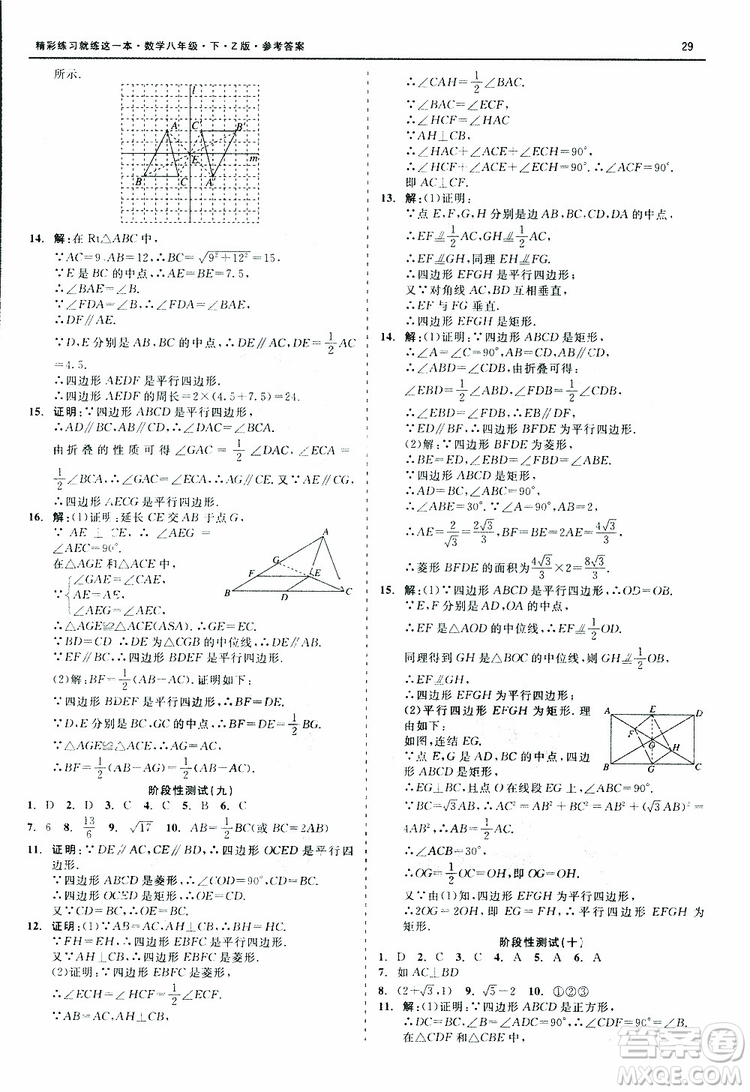 2019年精彩練習階段性測試數(shù)學Z版八年級下參考答案