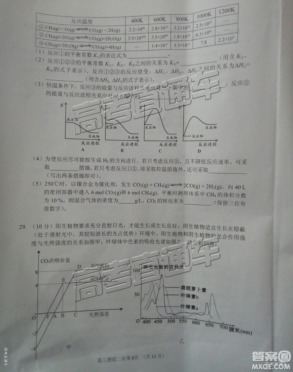 2019年3月南充二診文理綜試題及參考答案 