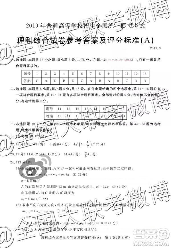 2019年普通高等學(xué)校招生全國統(tǒng)一模擬考試?yán)砭CA參考答案