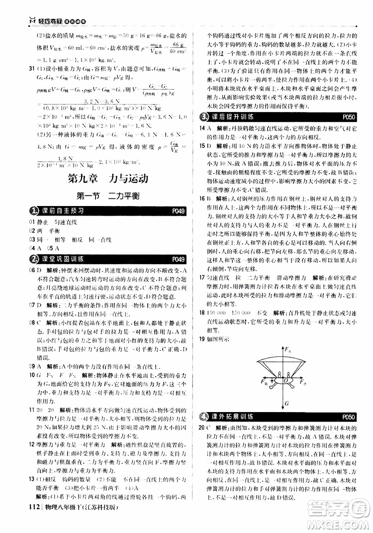 江蘇科技版銀版2019春1+1輕巧奪冠優(yōu)化訓(xùn)練八年級下冊物理參考答案