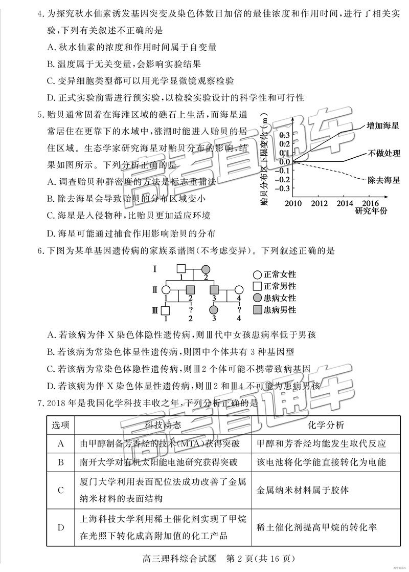 2019年3月德州一模文綜理綜試題及參考答案