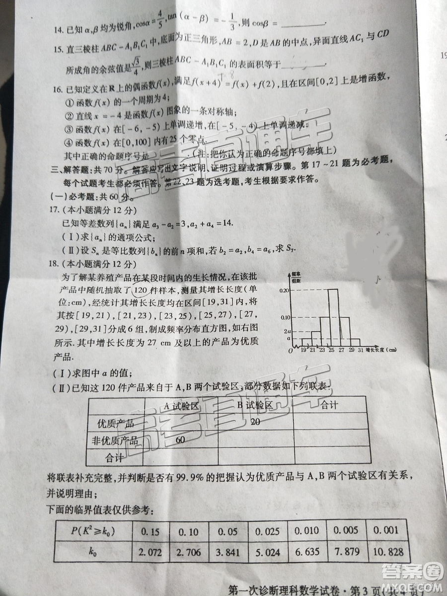 2019年3月高三甘肅一診數(shù)學參考答案