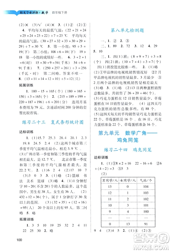 2019陽光學業(yè)評價四年級下冊數(shù)學人教版廣州專用答案