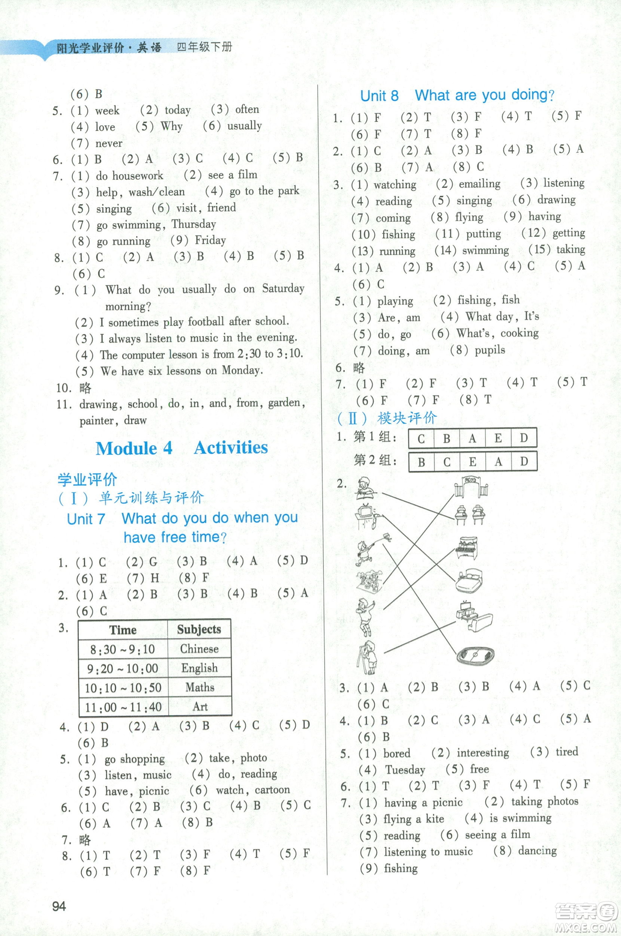 2019春廣州專用版陽(yáng)光學(xué)業(yè)評(píng)價(jià)教科版英語(yǔ)四年級(jí)下冊(cè)答案