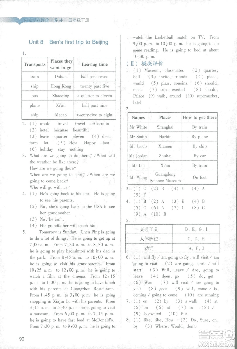 2019年教科版陽(yáng)光學(xué)業(yè)評(píng)價(jià)五年級(jí)下冊(cè)英語(yǔ)廣州專(zhuān)用參考答案