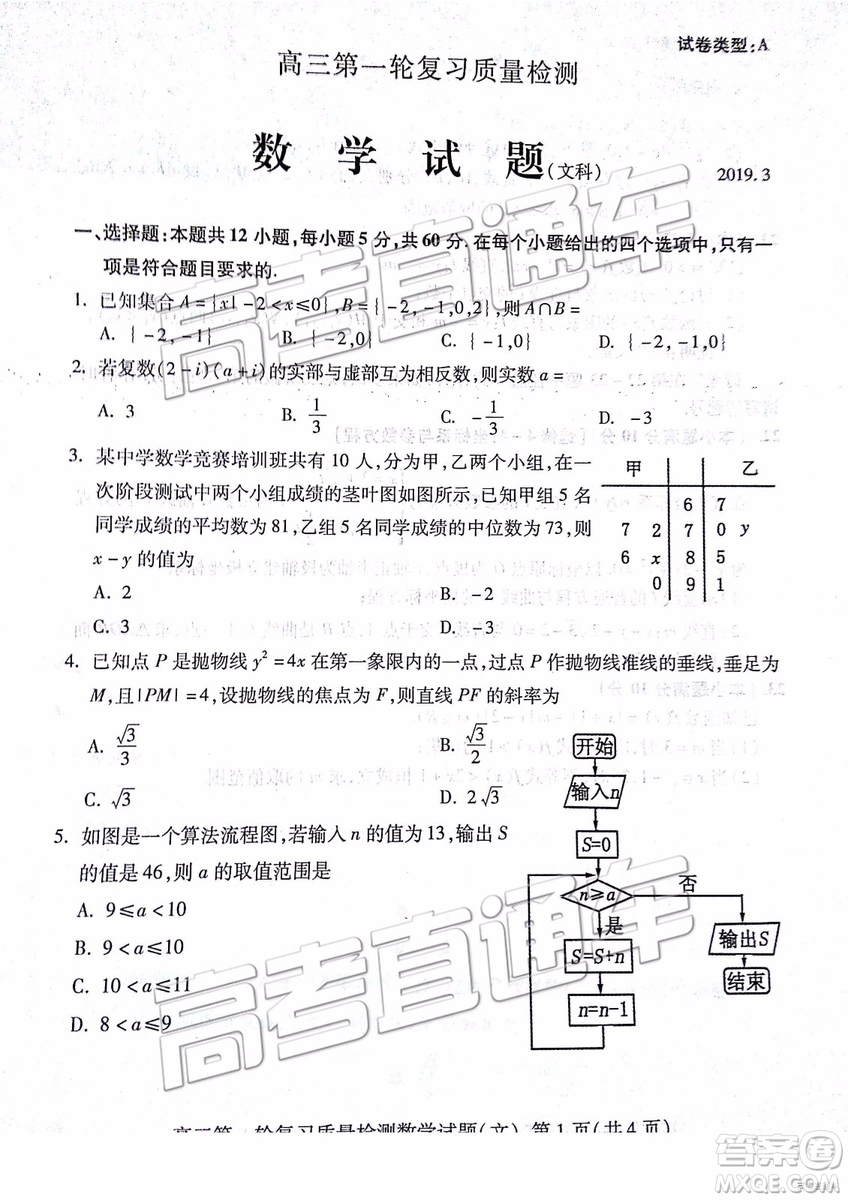 2019年3月泰安一模文數(shù)試題及參考答案