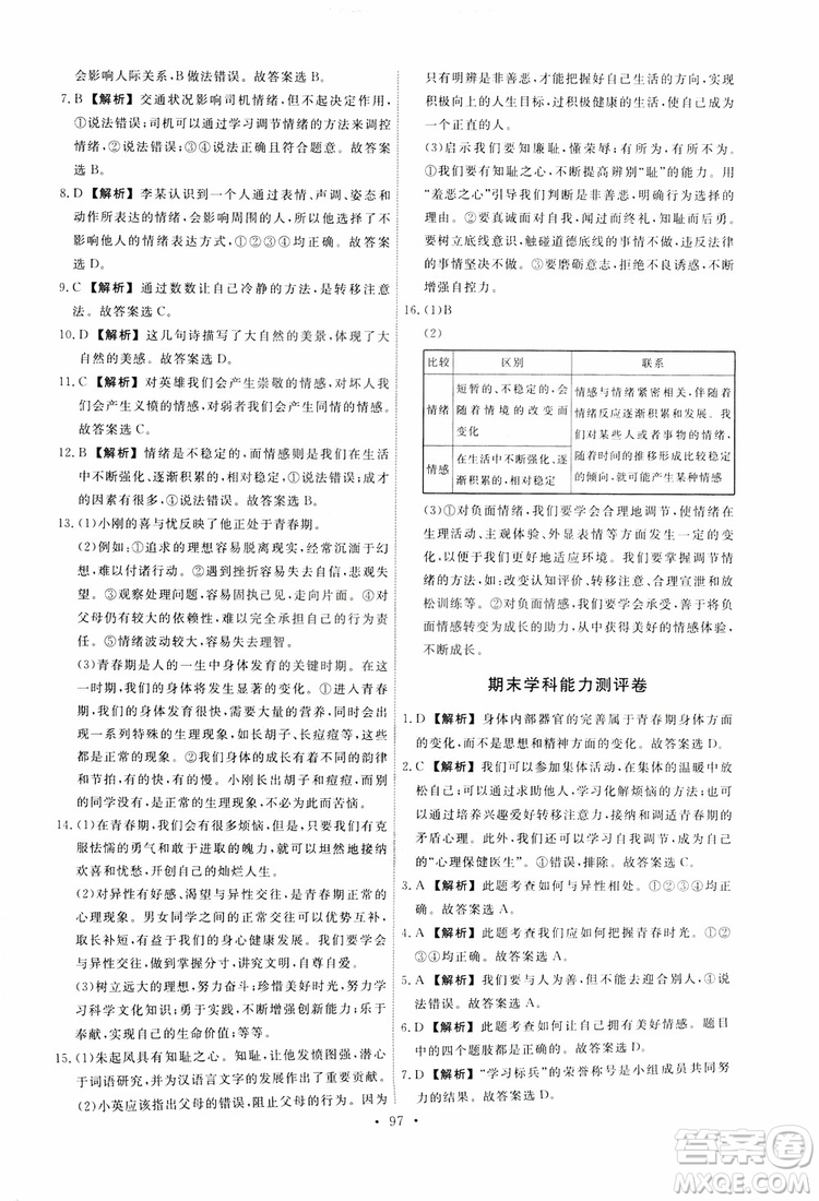 2019春人教版道德與法治七年級下冊能力培養(yǎng)與測試參考答案