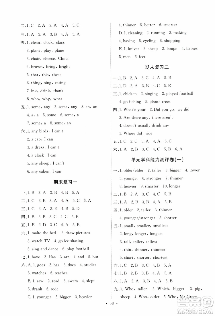 人教PEP版2019年六年級(jí)下冊英語能力培養(yǎng)與測試參考答案