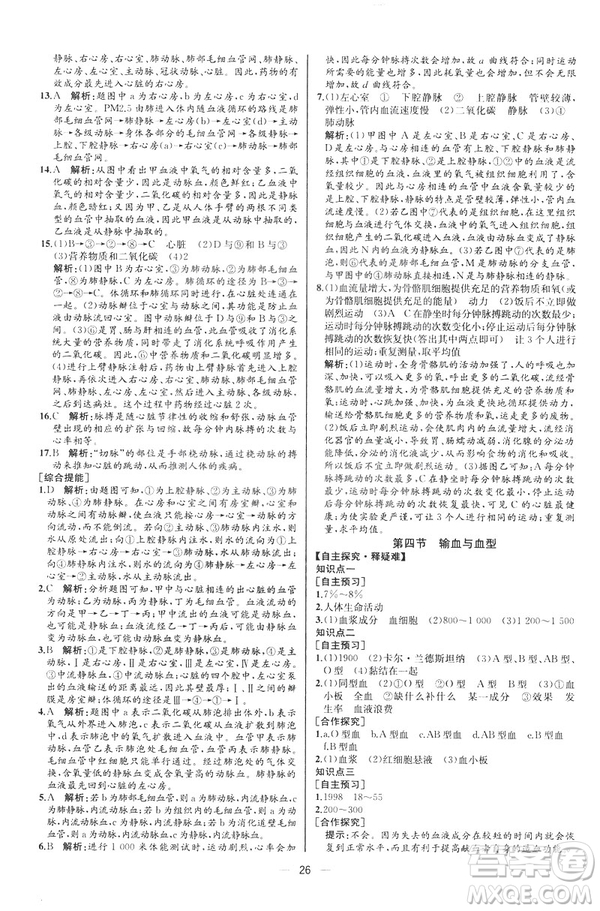 2019人教版七年級下冊生物學課時練同步學歷案河北專版參考答案