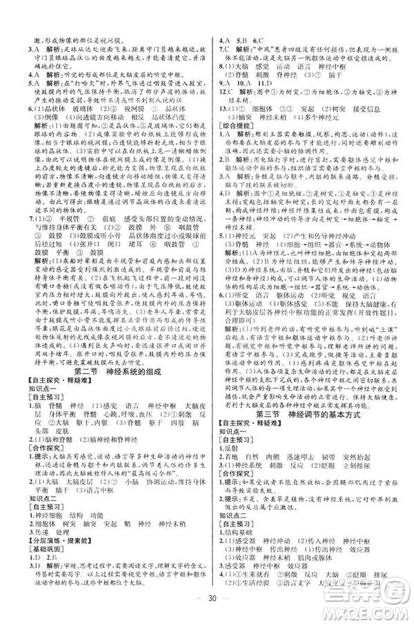 2019人教版七年級下冊生物學課時練同步學歷案河北專版參考答案