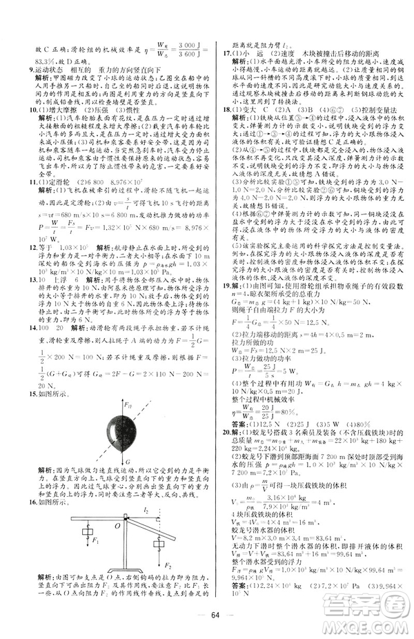 2019人教版八年級(jí)下冊(cè)物理課時(shí)練同步學(xué)歷案河北專版參考答案