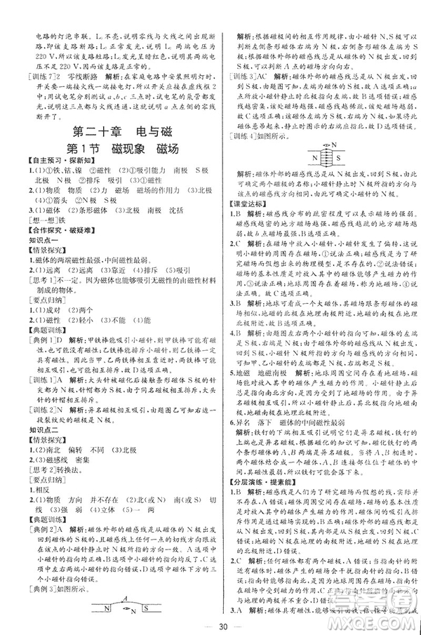 河北專版2019人教版初中九年級下冊物理課時(shí)練同步學(xué)歷案答案