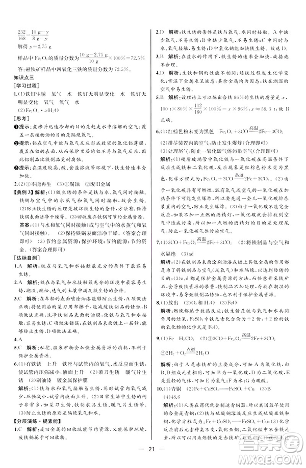 2019人教版初中九年級(jí)下冊(cè)化學(xué)課時(shí)練同步學(xué)歷案河北專(zhuān)版答案