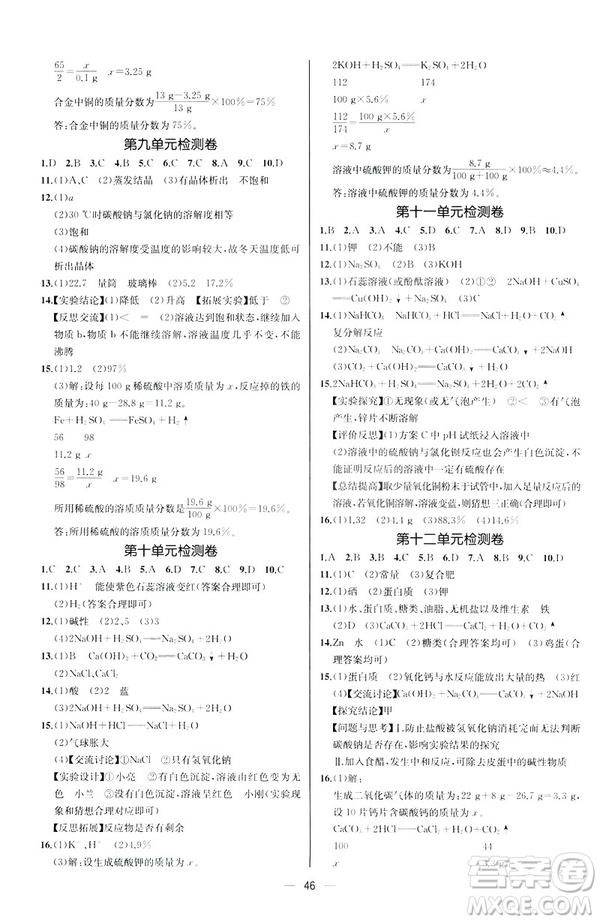 2019人教版初中九年級(jí)下冊(cè)化學(xué)課時(shí)練同步學(xué)歷案河北專(zhuān)版答案