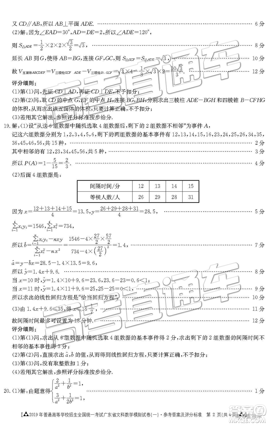 2019年3月廣東一模高三數(shù)學(xué)試卷及參考答案