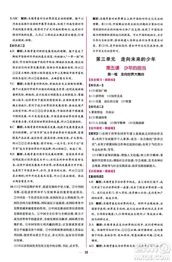 2019人教版九年級下冊道德與法治課時練同步學(xué)歷案答案