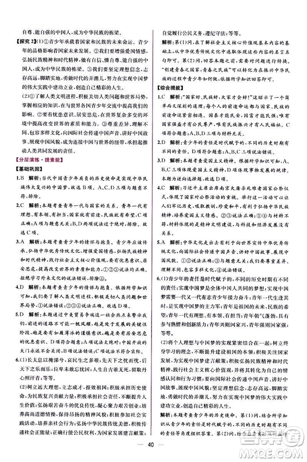 2019人教版九年級下冊道德與法治課時練同步學(xué)歷案答案