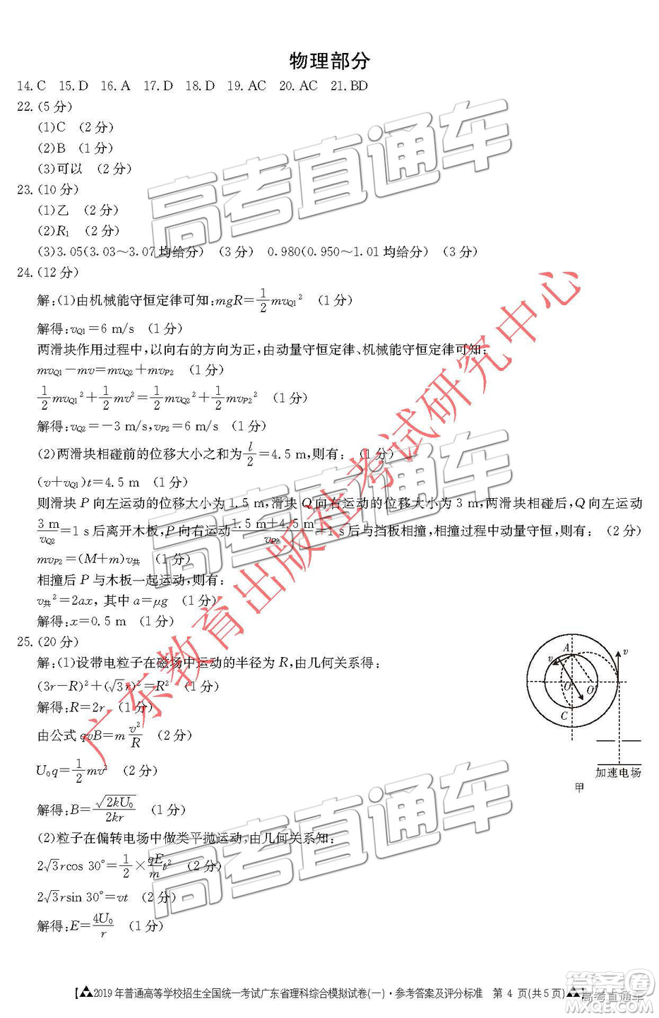 2019年3月廣東一模高三文理綜參考答案