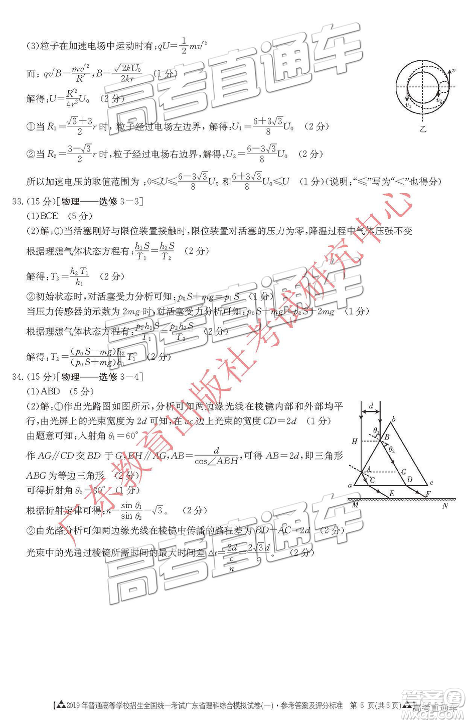 2019年3月廣東一模高三文理綜參考答案