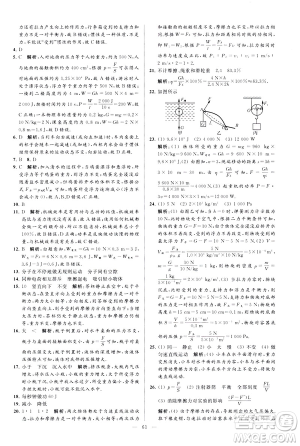 2019春亮點(diǎn)給力大試卷物理新課標(biāo)江蘇版八年級(jí)下冊(cè)答案