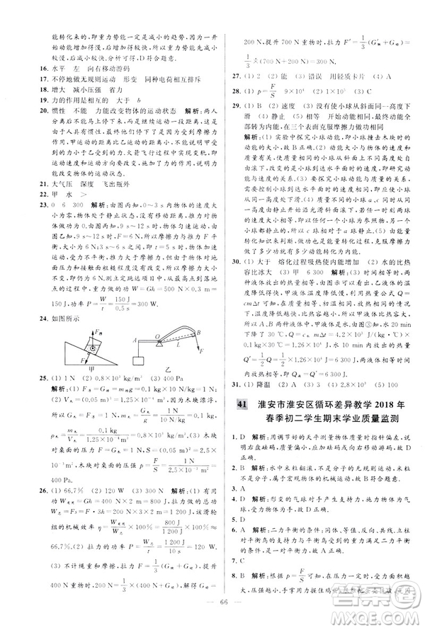 2019春亮點(diǎn)給力大試卷物理新課標(biāo)江蘇版八年級(jí)下冊(cè)答案