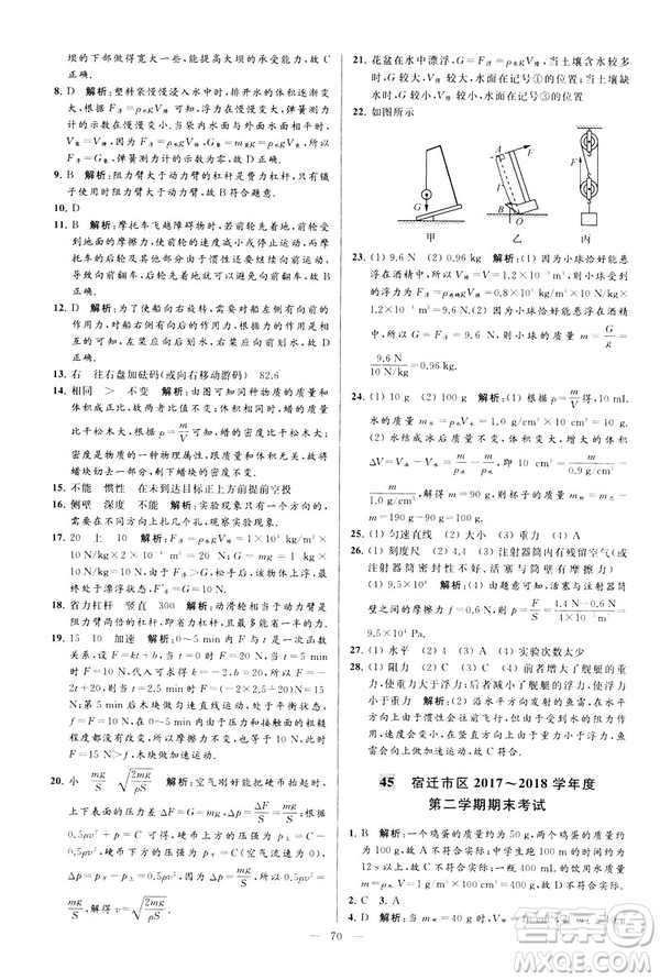 2019春亮點(diǎn)給力大試卷物理新課標(biāo)江蘇版八年級(jí)下冊(cè)答案