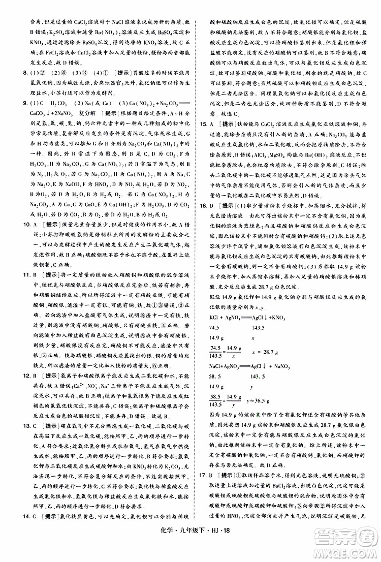 經(jīng)綸學(xué)典2019新版學(xué)霸題中題化學(xué)九年級下冊HJ滬教版參考答案