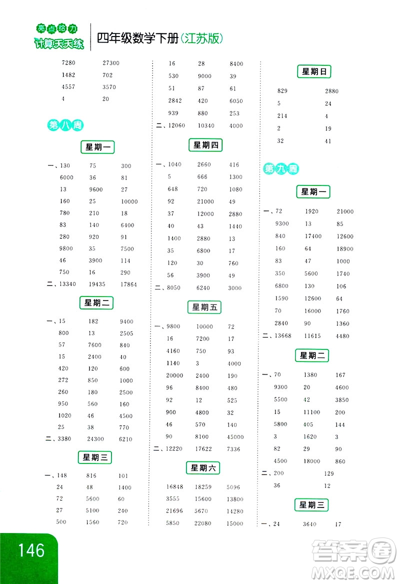 新課標(biāo)江蘇版2019亮點(diǎn)給力計(jì)算天天練四年級(jí)數(shù)學(xué)下冊(cè)答案