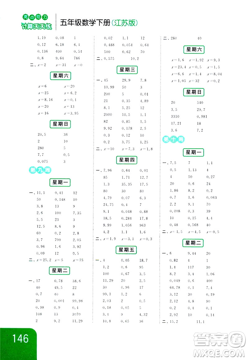 2019新課標江蘇版亮點給力計算天天練五年級數(shù)學(xué)下冊答案