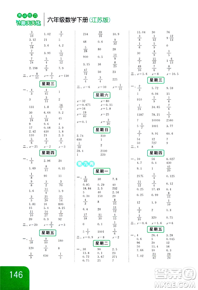 2019新課標(biāo)江蘇版亮點(diǎn)給力計(jì)算天天練六年級(jí)下冊(cè)數(shù)學(xué)答案