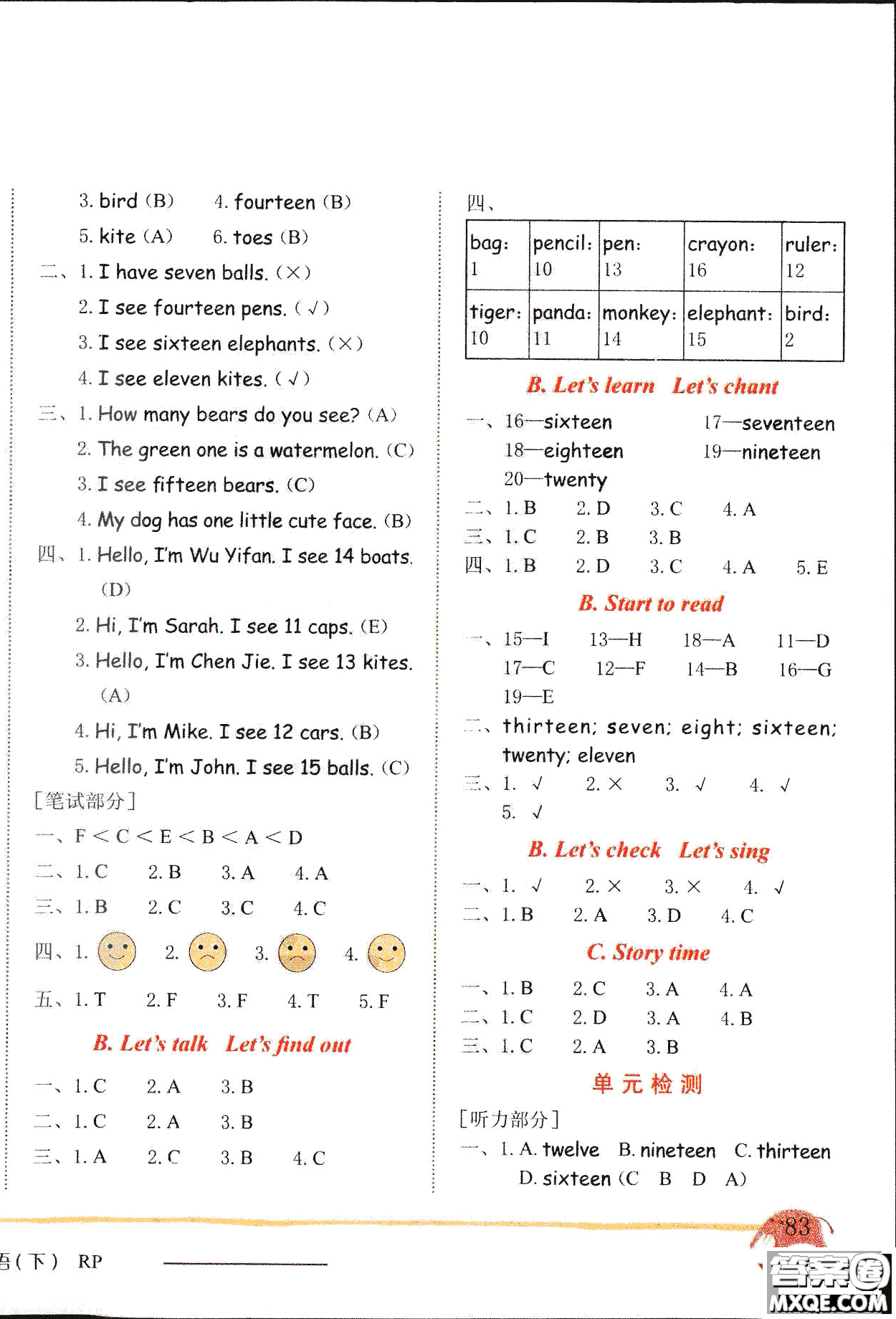 2019新版黃岡小狀元三年級(jí)下冊(cè)英語作業(yè)本RP人教版參考答案