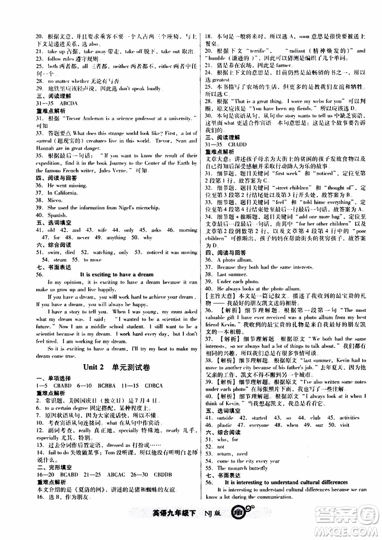 2019年尖子生新課標(biāo)課時作業(yè)英語九年級下冊NJ版牛津版參考答案