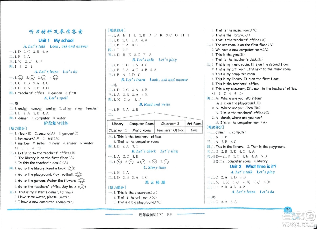 2019春季黃岡小狀元作業(yè)本四年級(jí)英語(yǔ)下冊(cè)人教版PEP參考答案