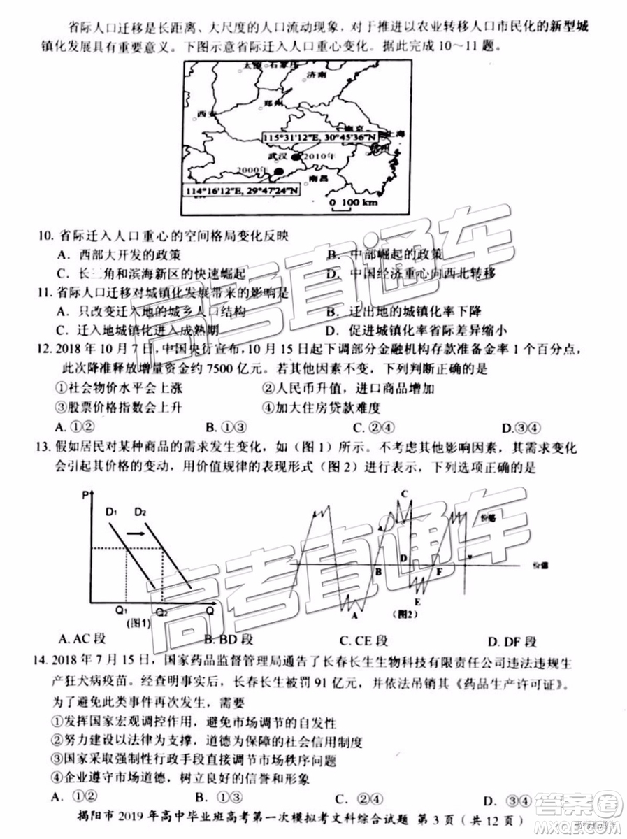 2019年揭陽一模文綜理綜試題及參考答案